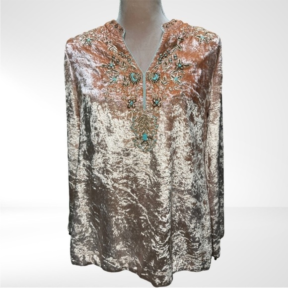 SOFT SURROUNDINGS Crushed Velvet Moroccan Beaded Tunic in Pink, Size PXS EUC - Picture 1 of 14